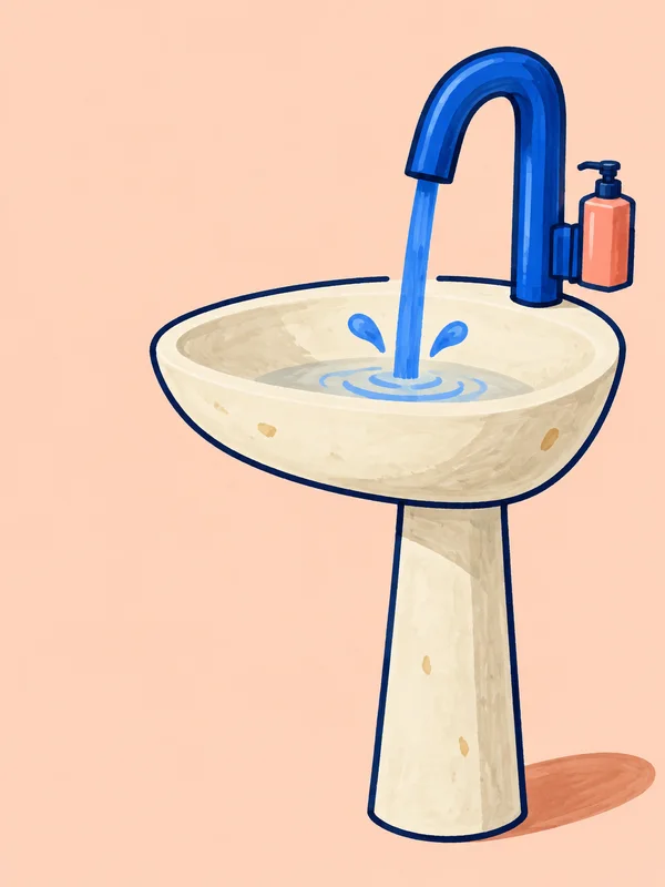 A cream pedestal basin with a wide shallow bowl, oversized cobalt-blue faucet and coral soap dispenser, shown against a pale peach background with a terracotta…
