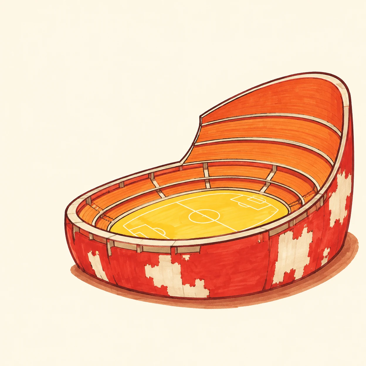 A hand-drawn stadium with a tall orange rear seating bank, a small yellow playing field, and a red exterior with worn cream patches sits against a pale cream…