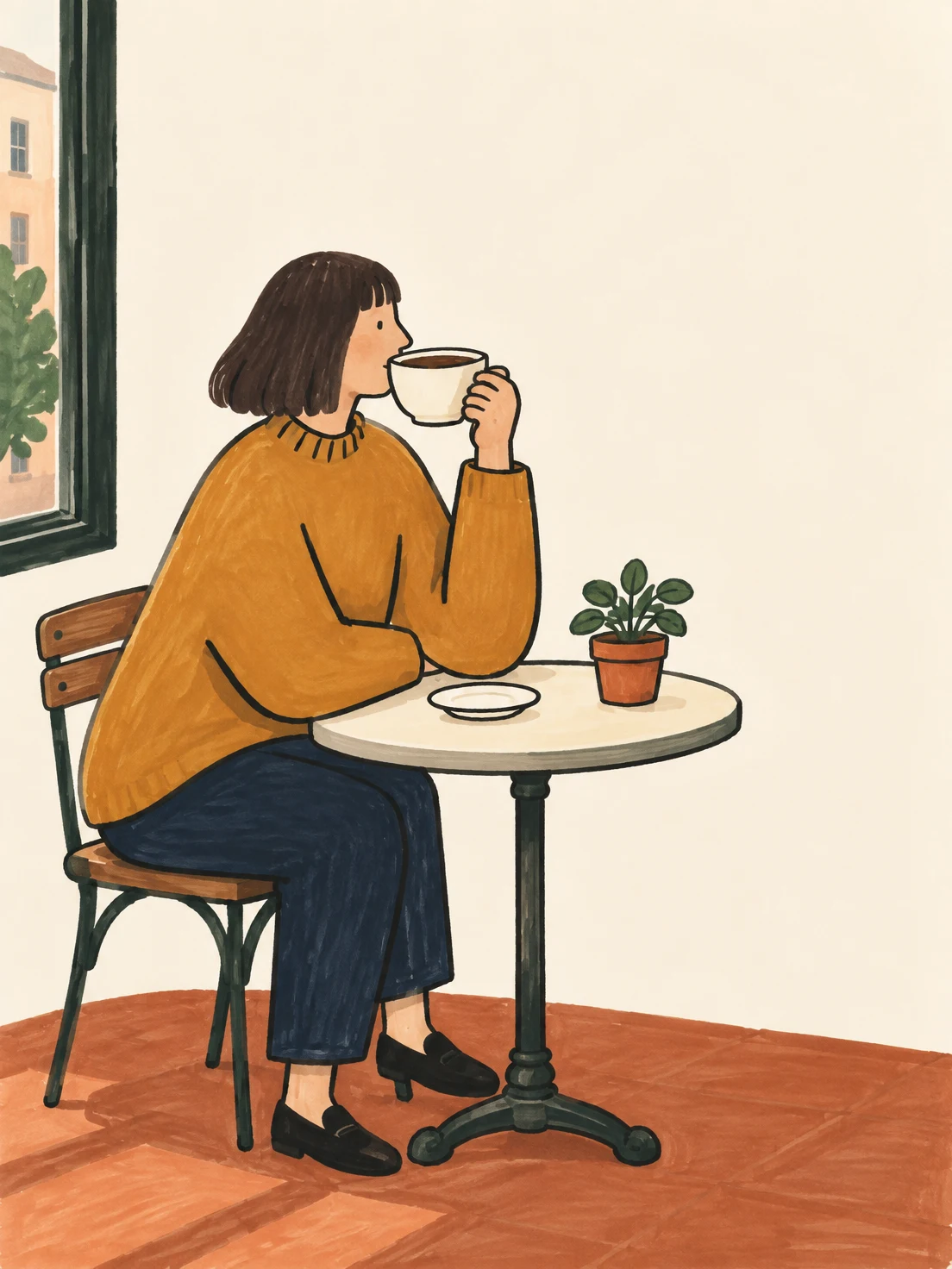 A woman with a dark bob, ochre sweater and navy trousers sits at a café table, holding a cream cup near her lips.