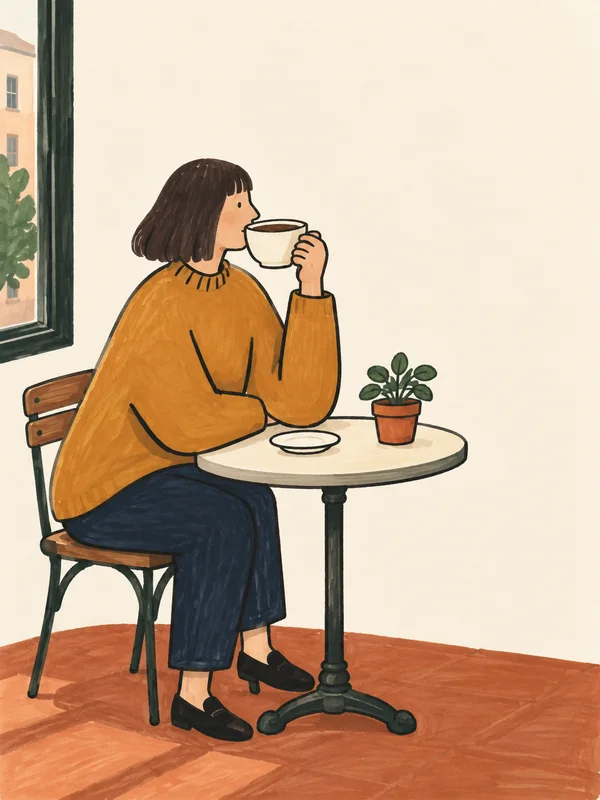A woman with a dark bob, ochre sweater and navy trousers sits at a café table, holding a cream cup near her lips.