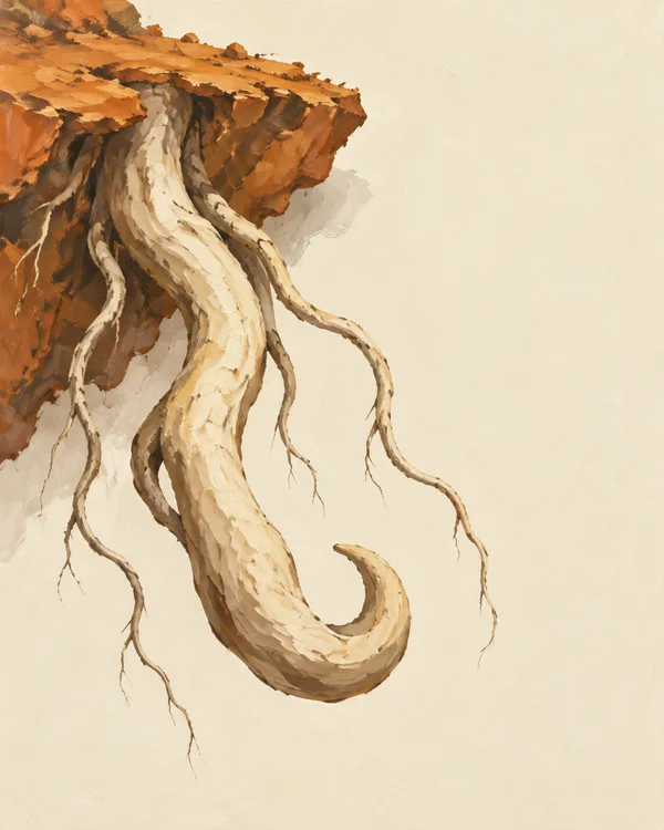 A thick ivory root curls into a broad hook as it hangs from an ochre soil ledge in a painted portrait composition, with thinner roots trailing across a pale…