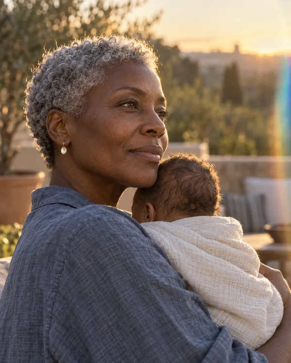 A dark-skinned adult with short silver curls holds an infant wrapped in cream cloth against their shoulder on a sunlit terrace, looking calmly off-frame; a…