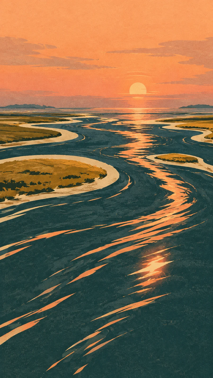 A stylized river delta at sunset, with dark teal channels winding around ochre islands and reflecting the peach sky beneath a low sun.