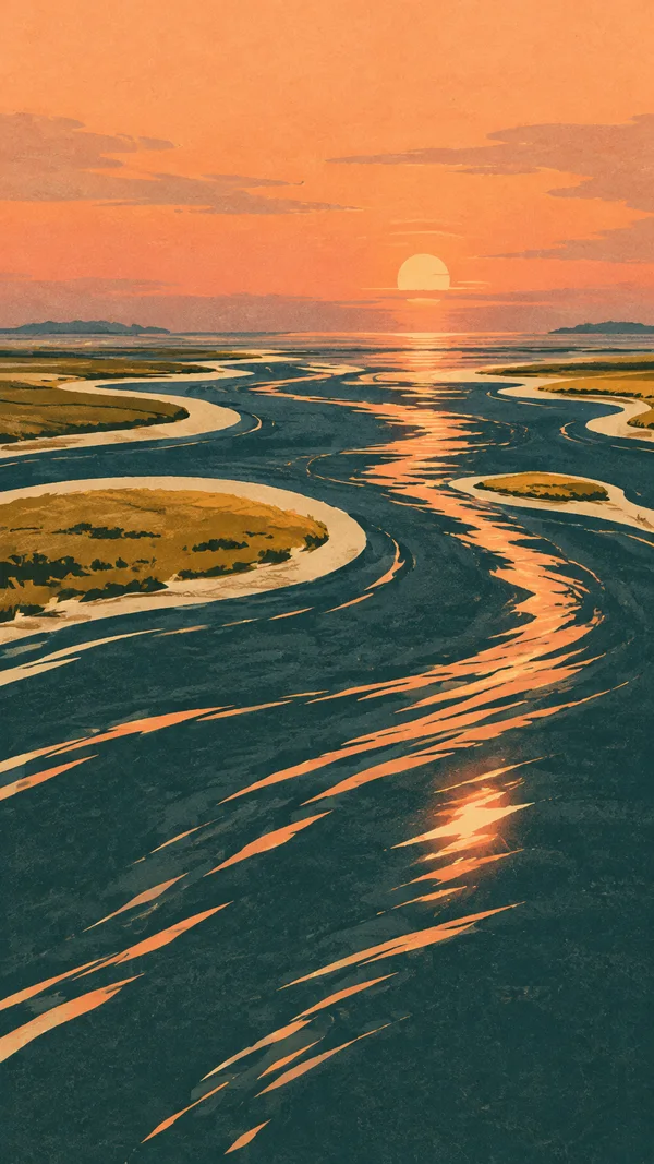 A stylized river delta at sunset, with dark teal channels winding around ochre islands and reflecting the peach sky beneath a low sun.