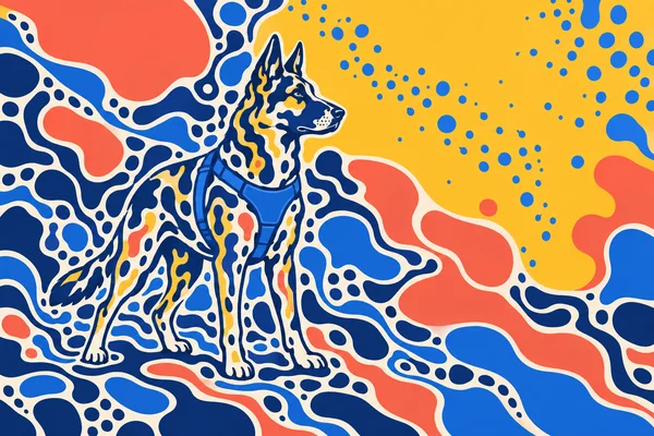 A pointed-ear dog in a blue harness stands left of center within a bold abstract pattern of ivory and navy channels, coral shapes, and blue dots scattered…