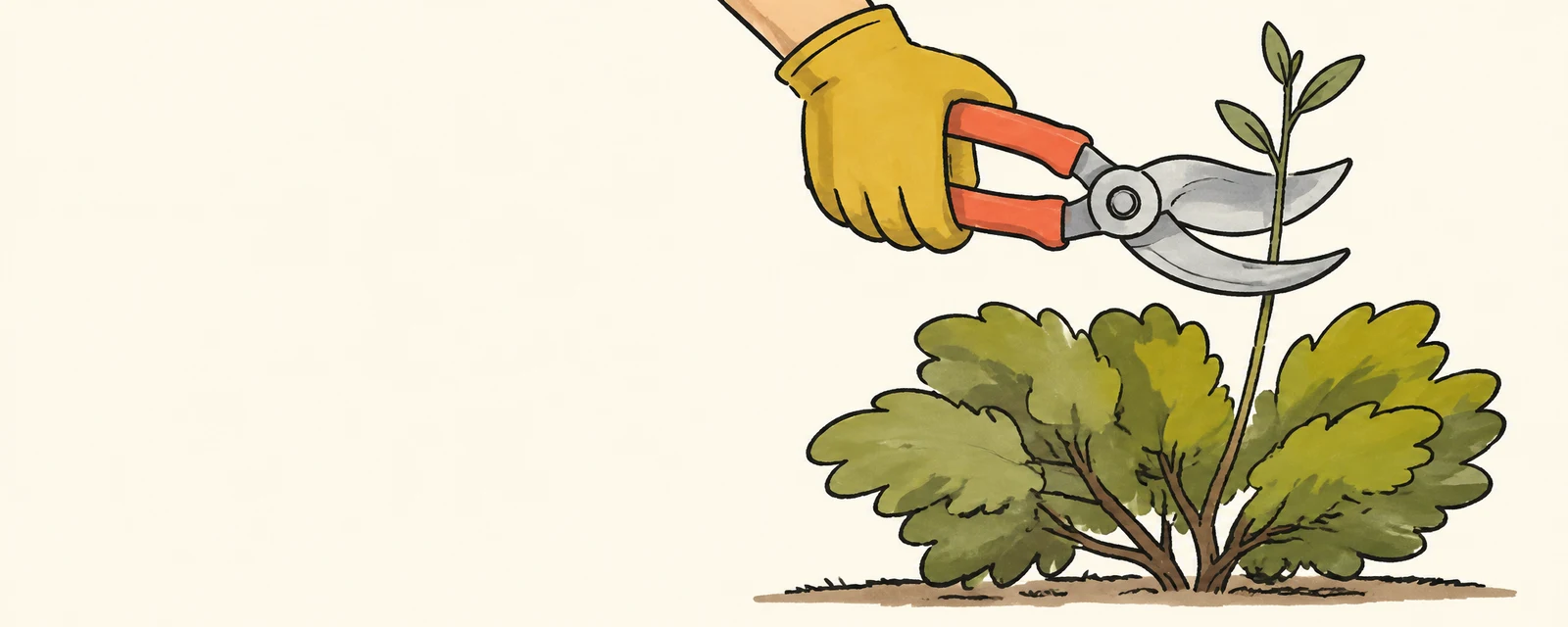 An ochre-gloved hand holds open coral-handled pruning shears around a slender leafy shoot above a broad olive-green shrub, against a warm ivory background with…