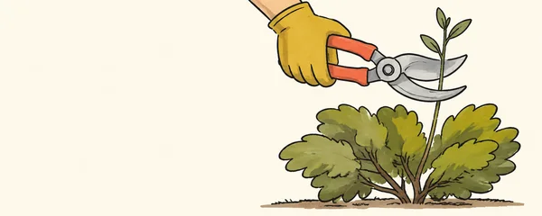 An ochre-gloved hand holds open coral-handled pruning shears around a slender leafy shoot above a broad olive-green shrub, against a warm ivory background with…