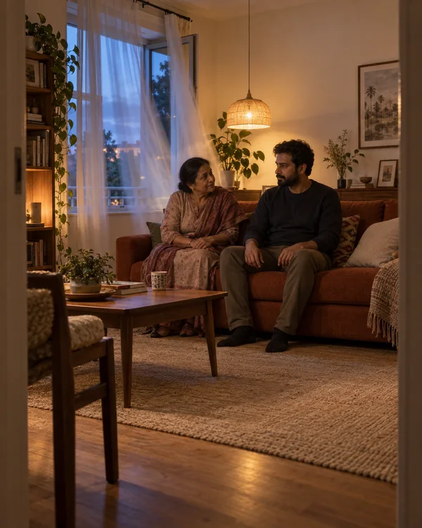 A woman and a bearded man sit on a rust-coloured sofa in a warmly lit living room, facing one another.