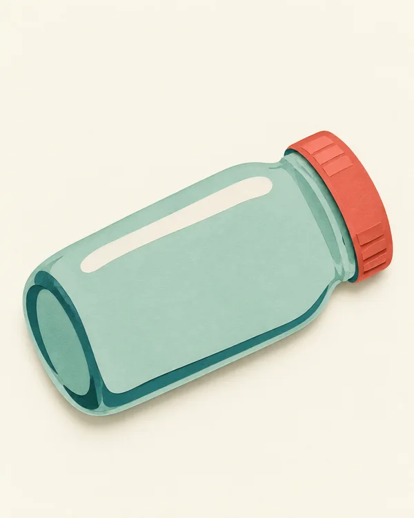A pale seafoam glass jar lies diagonally across an ivory background, with its rounded base at lower left and a chunky coral lid at upper right.