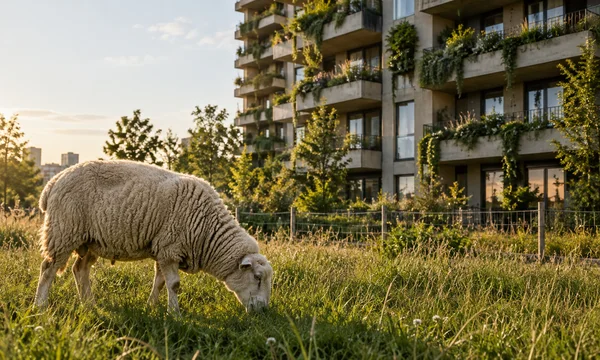 A woolly sheep grazes in a grassy urban meadow behind a low fence, with a residential tower featuring planted balconies rising in the background at golden hour.