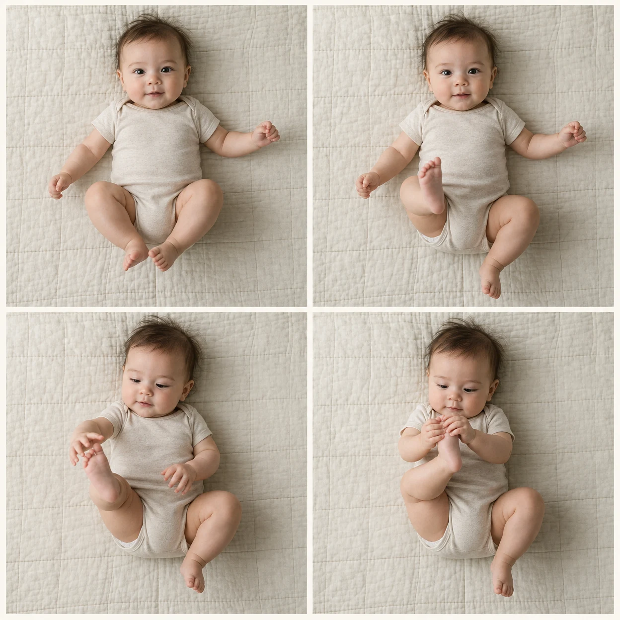A four-panel overhead contact sheet shows the same awake infant on a cream quilted mat, wearing an oatmeal bodysuit and moving from curled knees to reaching…