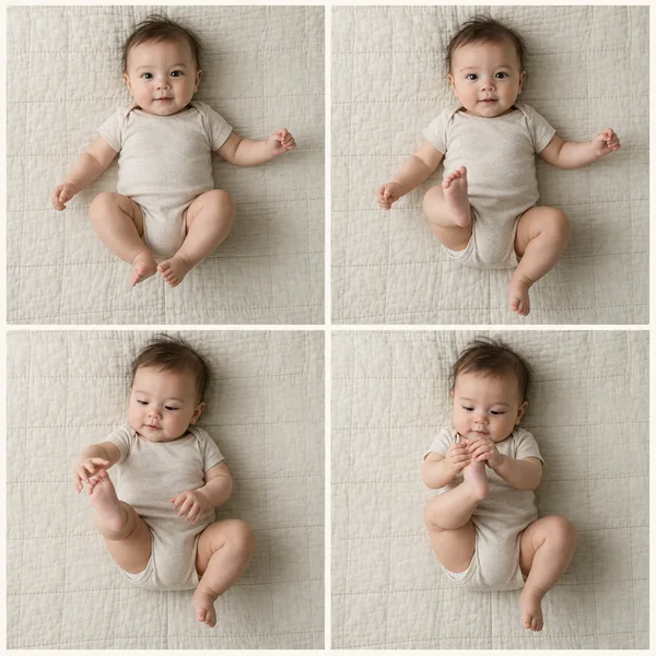 A four-panel overhead contact sheet shows the same awake infant on a cream quilted mat, wearing an oatmeal bodysuit and moving from curled knees to reaching…