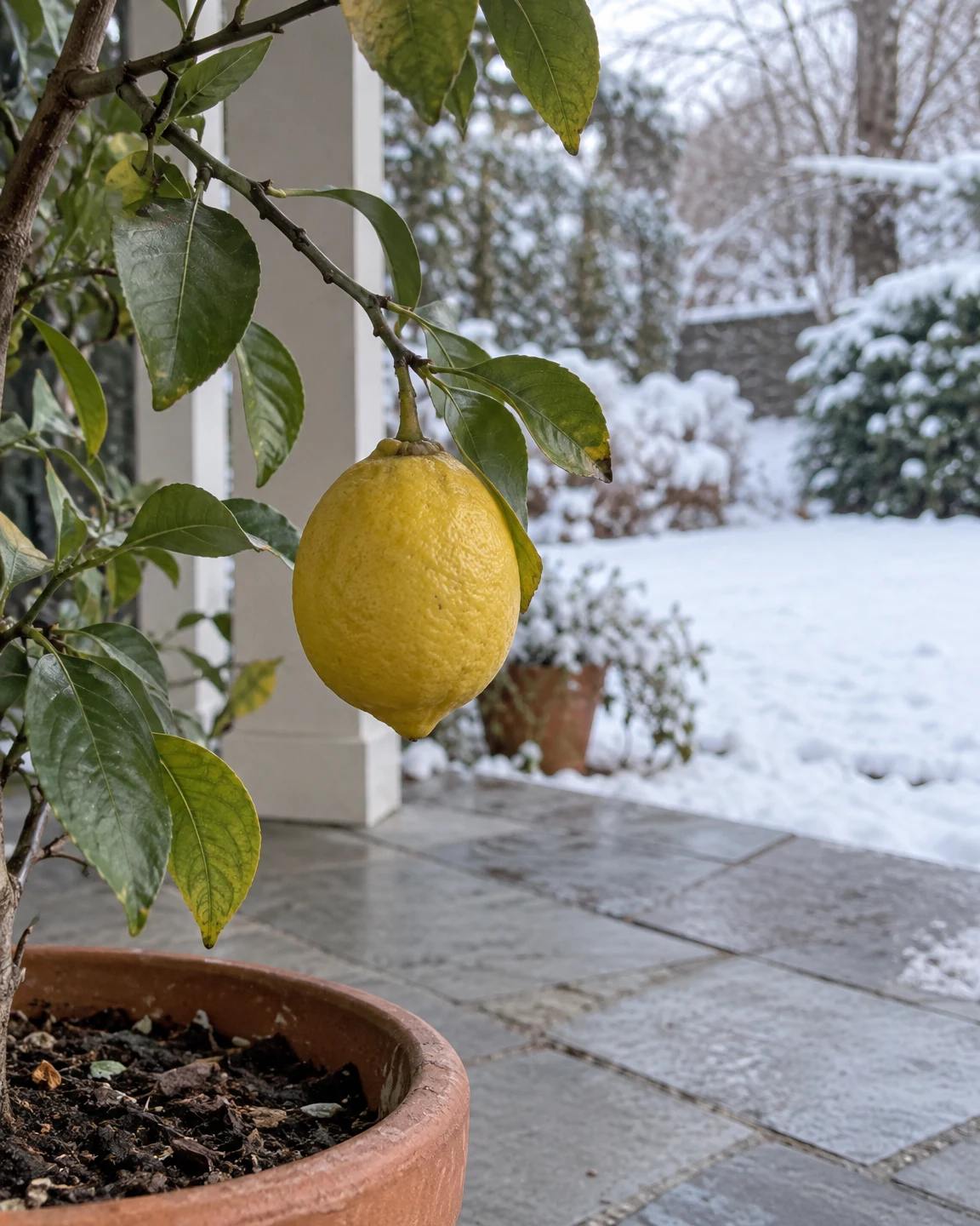 A ripe yellow lemon hangs from a leafy citrus branch above a large terracotta pot on a tiled porch, with snow-covered ground and shrubs visible beyond.
