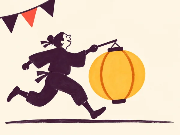 A deep-plum figure runs to the right while holding a large amber lantern, with three triangular pennants at the upper left and a dark ground stroke beneath…