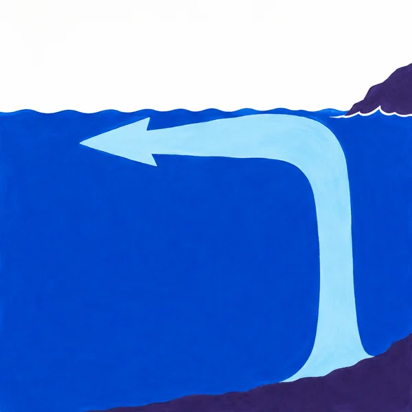 A large pale blue current rises beside a violet coast and bends left beneath a rippling cobalt ocean surface, ending in a broad arrowhead.