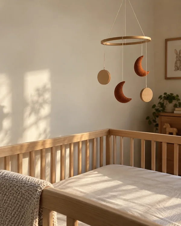 A wooden mobile with two flat wooden circles and two rust-colored felt crescents hangs above an empty pale wooden cot in warm late sunlight.
