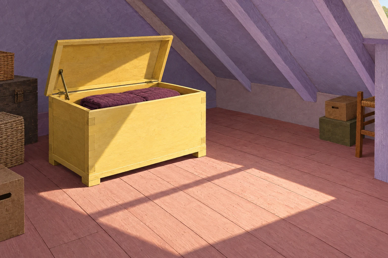 An open yellow wooden chest containing a folded plum quilt sits on pink floorboards beneath a sloping lavender attic ceiling, with angular sunlight across the…