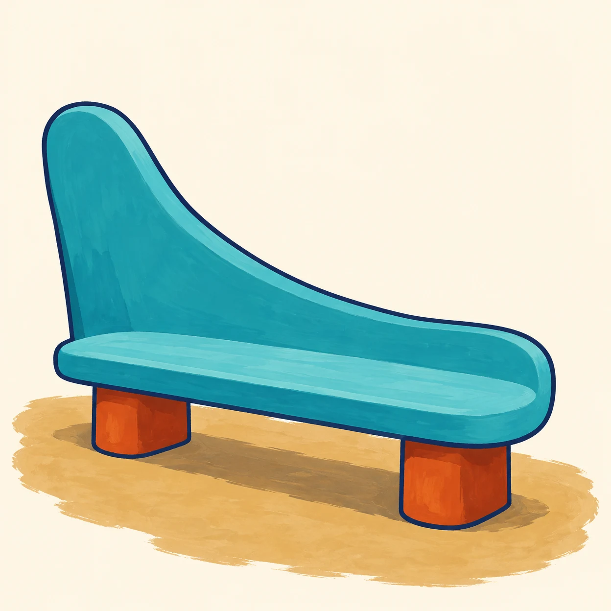 A large turquoise outdoor bench with a tall rounded backrest at the left and a low curved end at the right sits on two rust-orange pedestal feet over a dusty…