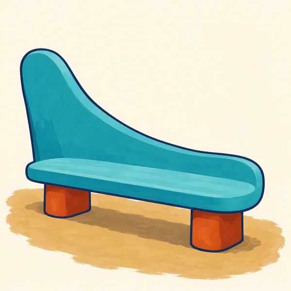 A large turquoise outdoor bench with a tall rounded backrest at the left and a low curved end at the right sits on two rust-orange pedestal feet over a dusty…