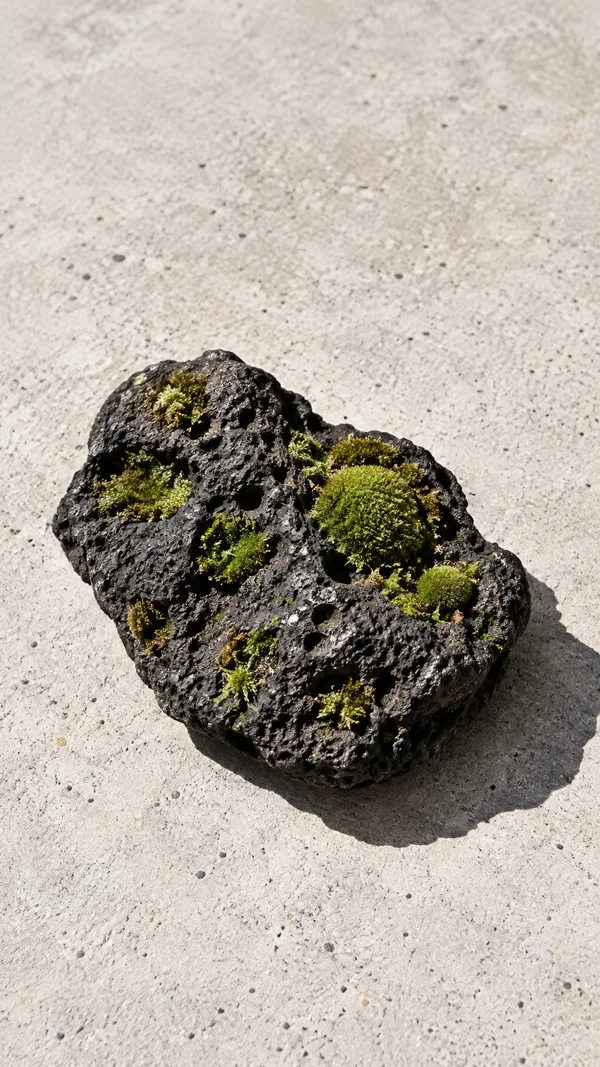 A porous charcoal-black stone with several small green moss cushions rests on a pale, speckled concrete surface, lit by strong sunlight and casting a crisp…