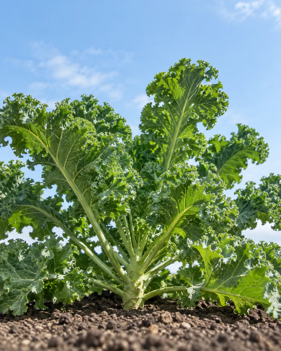 A large curly-leaf kale plant rises from dark soil beneath a bright blue, lightly clouded sky, with more leafy greenery visible around it.