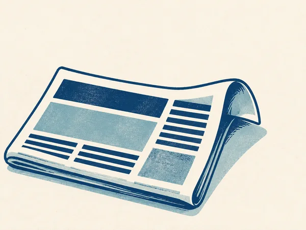 A hand-drawn navy-and-cyan illustration of a folded newspaper lying diagonally on a warm off-white background, with its right edge curling upward and…