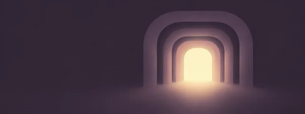 A set of nested mauve and aubergine inverted-U bands recedes toward a pale yellow opening on the right side of a charcoal-purple landscape, with a broad empty…