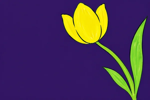 A large lemon-yellow tulip with three upright petal tips rises on a long curved green stem against a dark violet background.