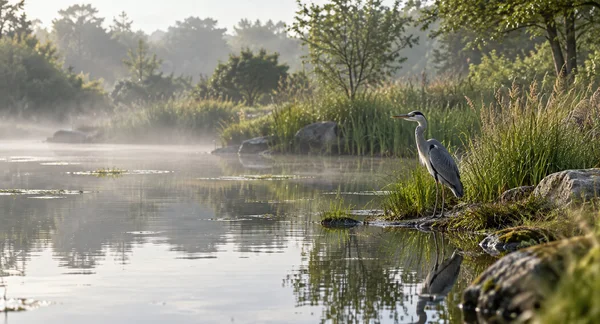 A grey heron stands among reeds and stones at the edge of a misty pond, with its reflection in the water and softly lit shrubs in the distance.