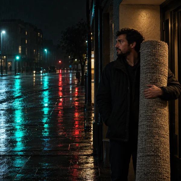 A man in a dark jacket stands beneath a warmly lit apartment entrance at night, holding a rolled textured rug against his shoulder and looking toward a…