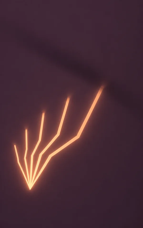 Five glowing peach angular lines converge at a point in the lower-left and fan upward across a muted plum background, with generous empty space above and to…