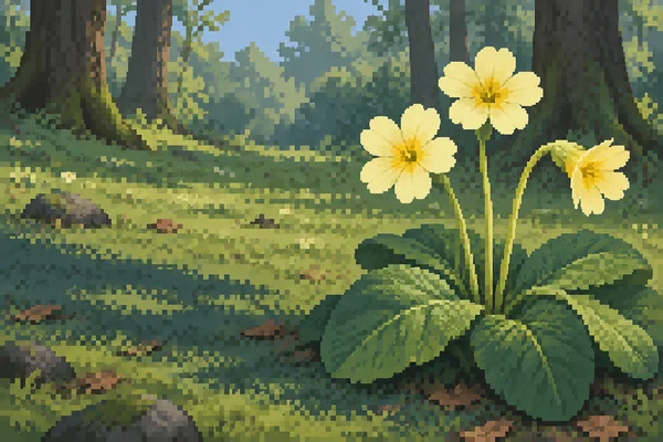 Three pale yellow flowers with golden centres rise on slender stems above broad dark green leaves in a woodland clearing, with dark tree trunks and a mottled…
