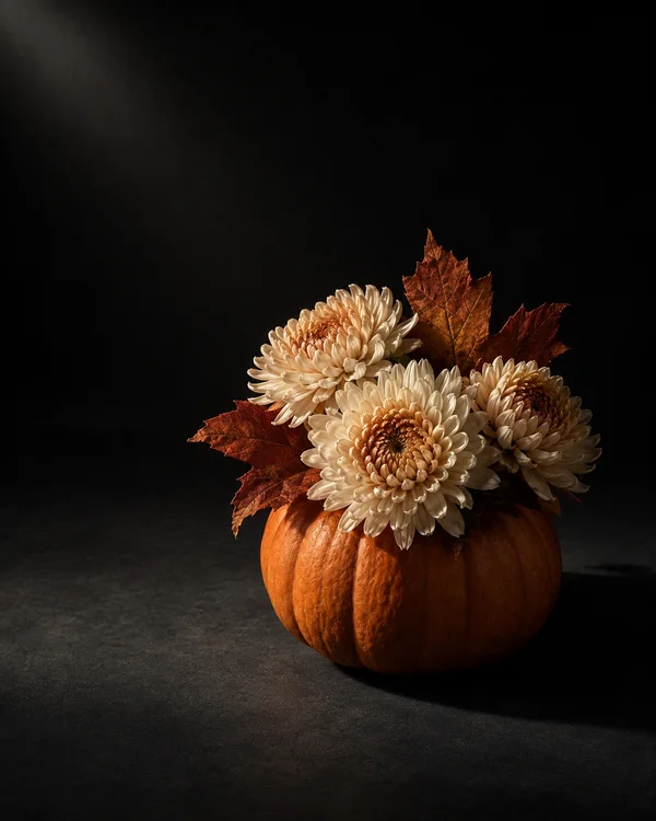 Three cream chrysanthemum blooms and several rust-colored autumn leaves sit in a squat orange pumpkin on a dark textured surface, lit from the upper left…