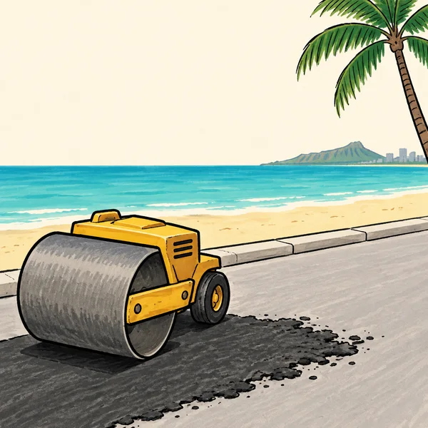 A small yellow road roller presses against a rough-edged dark asphalt patch on a pale gray road beside a sandy beach and turquoise ocean, with a palm tree…