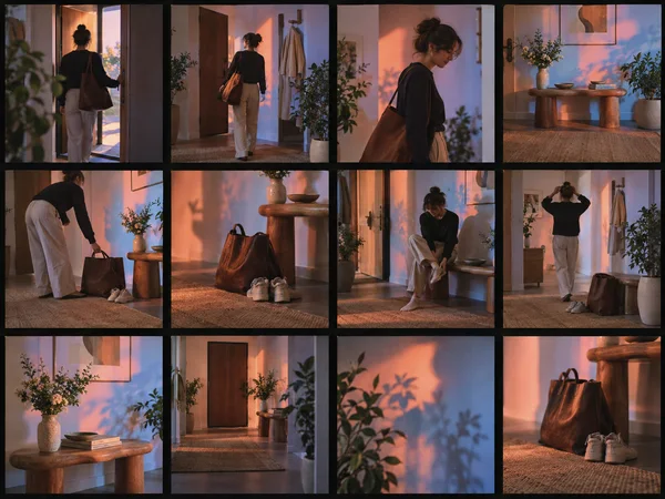A 3-by-4 grid of warm-toned interior photographs shows a woman in an entryway with a leather tote, shoes, wooden furniture, plants, and coral-blue light across…