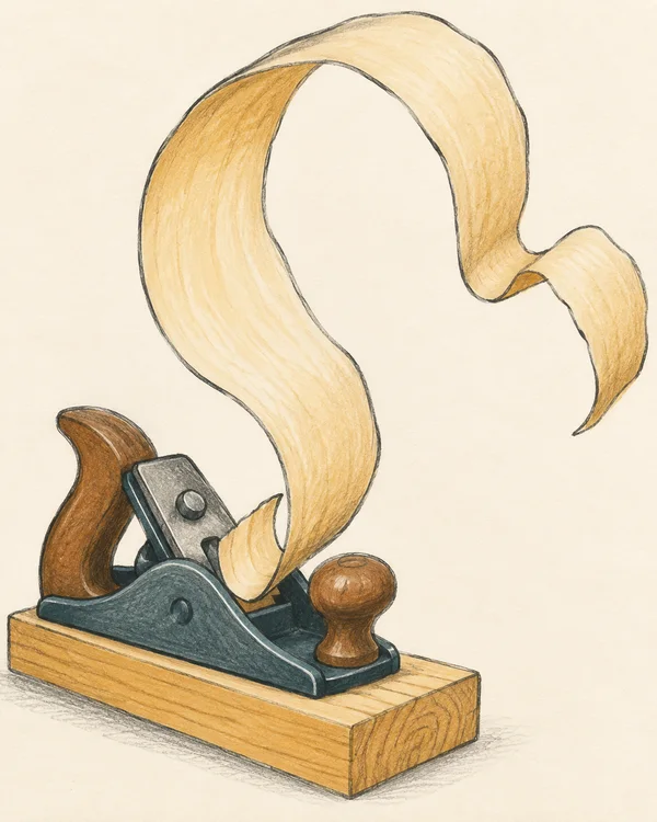 A dark teal and brown hand plane rests on a honey-colored plank while a large ochre wood shaving rises from its mouth, curling into a tall loop against warm…