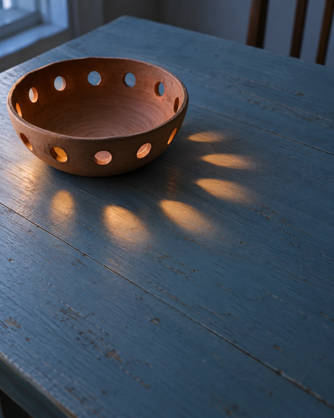 An empty terracotta bowl with circular openings sits on a blue painted wooden table, with warm light patches falling across the surface beside it.