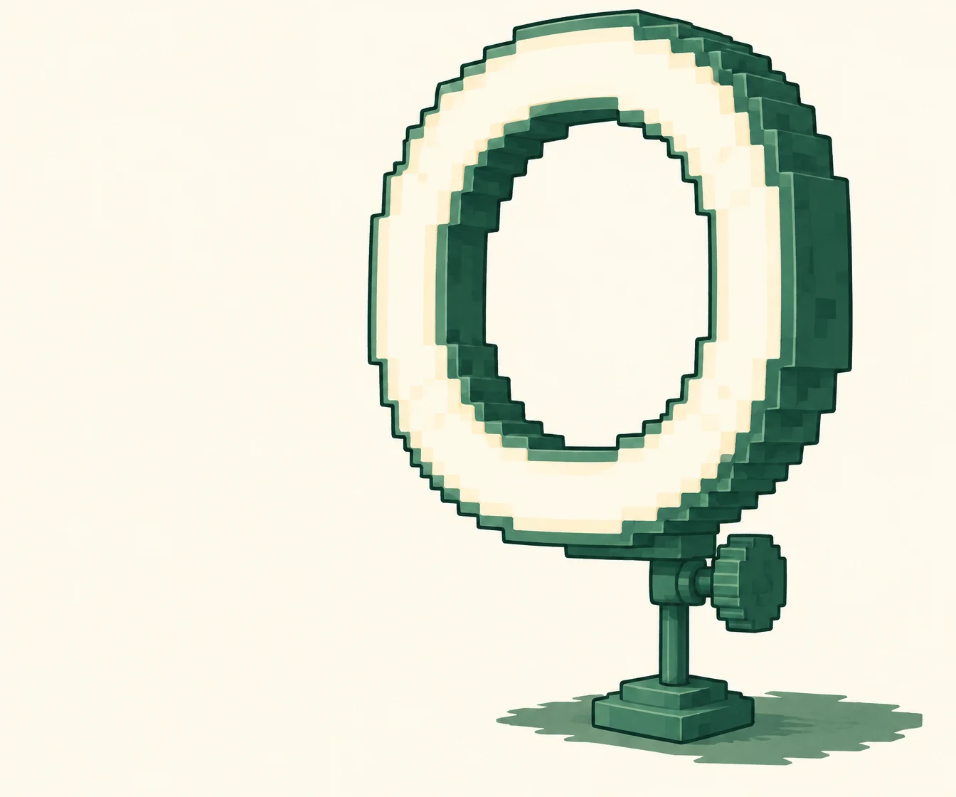 A pixel-stepped malachite-green ring light with a broad ivory diffuser stands on a short green support and square foot against a pale ivory background, with a…
