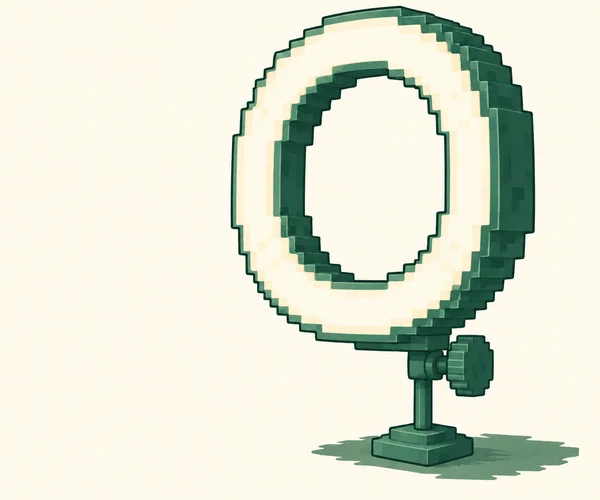 A pixel-stepped malachite-green ring light with a broad ivory diffuser stands on a short green support and square foot against a pale ivory background, with a…