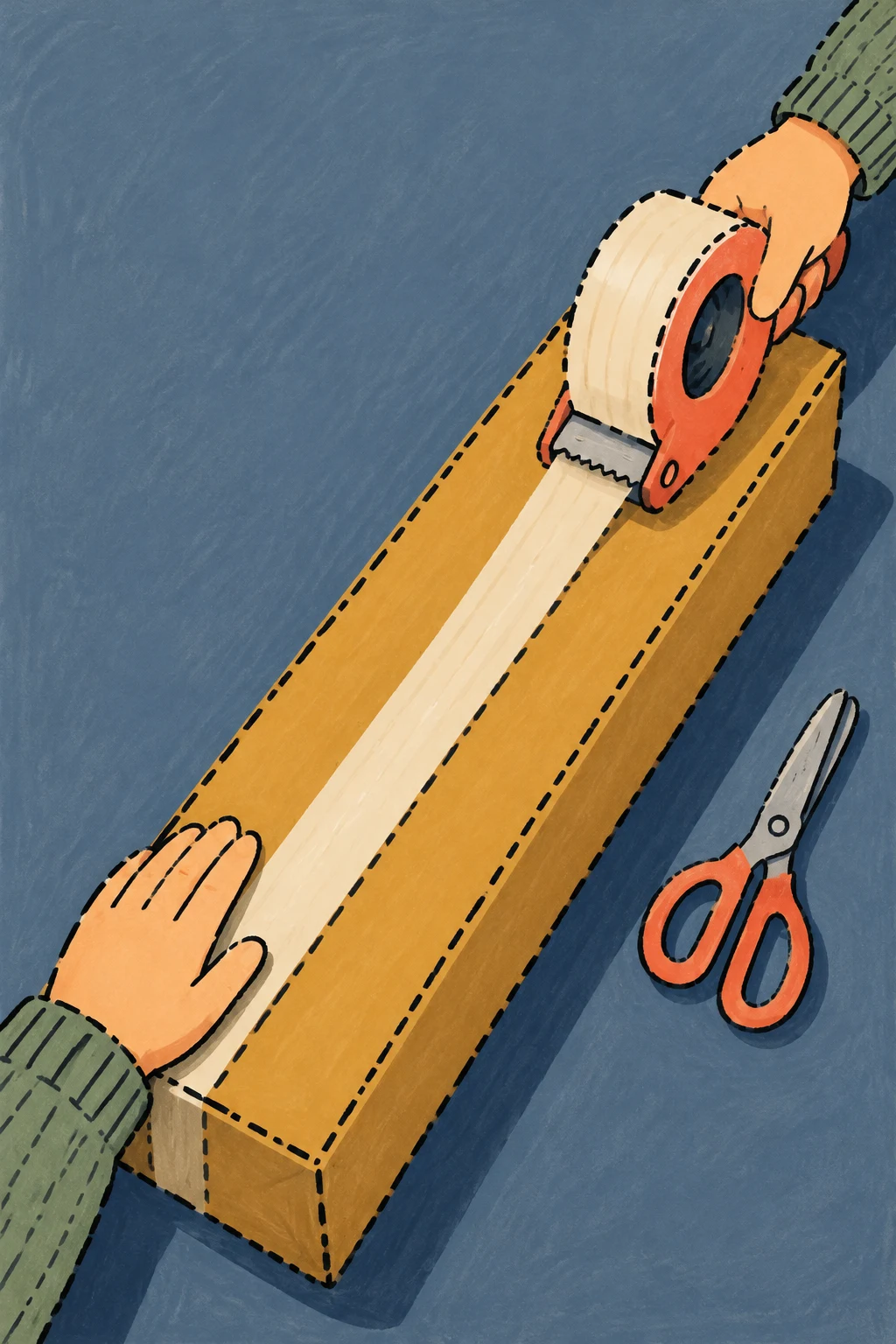 A long ochre carton lies diagonally on a slate-blue tabletop as one hand steadies it and another guides a cream tape strip from a coral dispenser along its…
