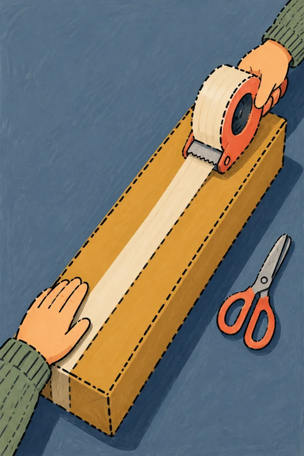 A long ochre carton lies diagonally on a slate-blue tabletop as one hand steadies it and another guides a cream tape strip from a coral dispenser along its…