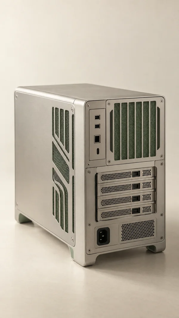A silver modular computer server viewed from behind at a slight three-quarter angle on a warm ivory studio surface.