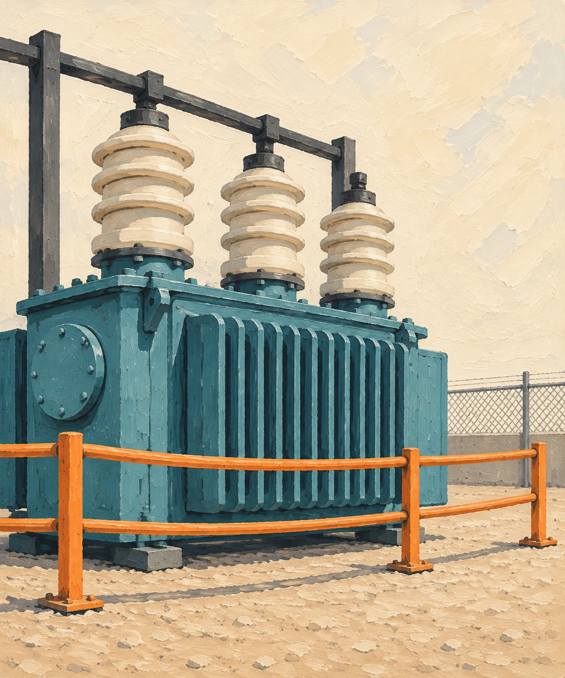 A teal electrical transformer with three cream porcelain bushings stands behind an orange guardrail in a sandy substation yard, with a dark busbar structure…
