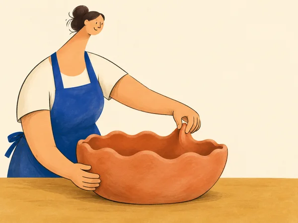 A smiling woman in a cobalt apron pinches the scalloped rim of a large terracotta bowl while steadying its side on an ochre table, against a warm cream…