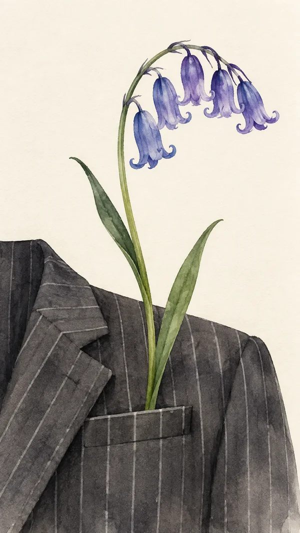 A watercolor bluebell with five drooping violet-blue flowers and two long green leaves rises from the breast pocket of a charcoal pinstriped suit jacket…
