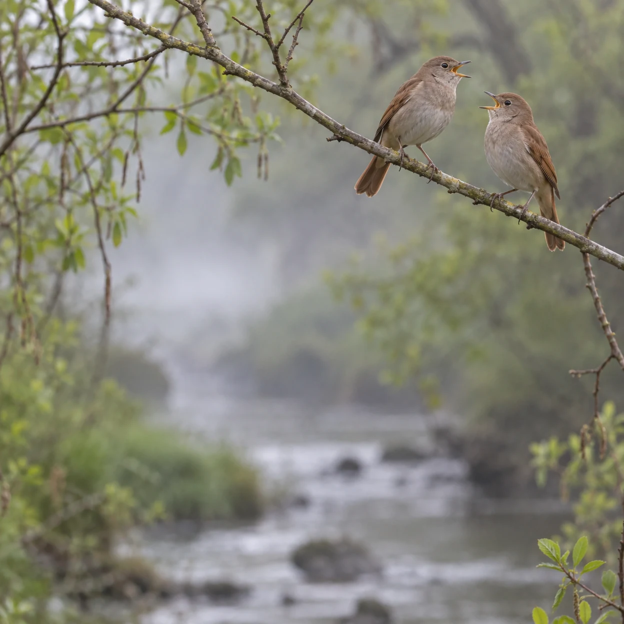 Two russet-brown birds perch on a diagonal, lichen-covered branch in the upper-right of the frame, facing one another with their bills open.