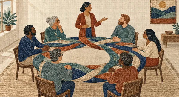 A tapestry-style illustration of seven adults in a meeting room: six sit on woven chairs around an open circular arrangement of interlaced colored yarn, while…