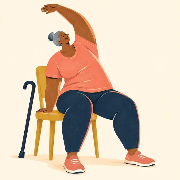 A gray-haired woman in a coral top and navy trousers sits on a mustard-yellow chair, leaning sideways with one arm arched overhead and her other hand braced on…