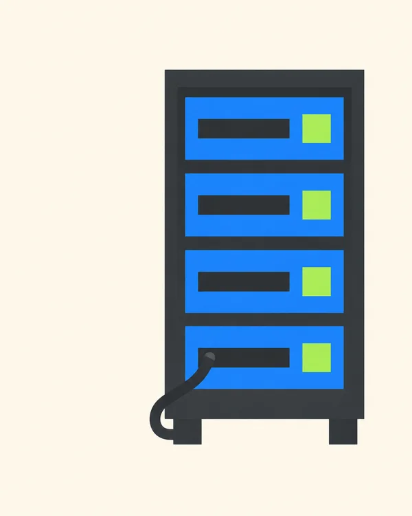 A tall charcoal server rack stands against a warm cream background, with four electric-blue trays, each showing a dark ventilation slot and a lime square.
