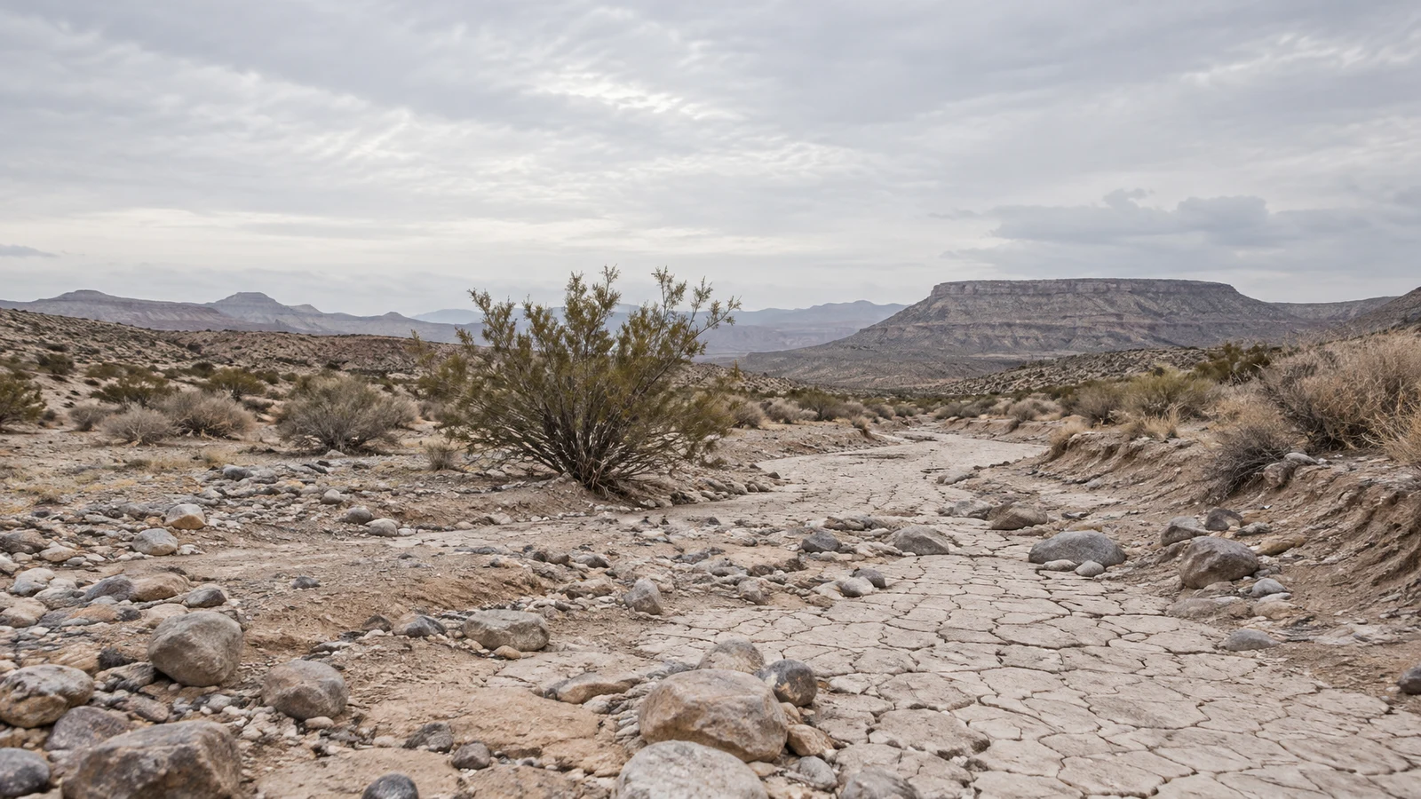 A cracked, stony desert wash curves through the foreground toward low mesas beneath a broad overcast sky, with a single olive-green shrub near the center.